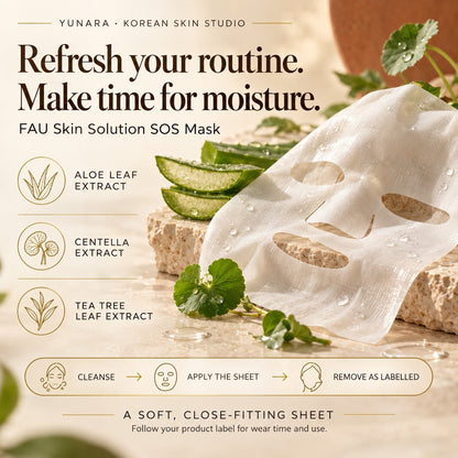 FAU SOS Mask guide: aloe, centella and tea tree leaf extracts, a cooling sheet feel and simple single-use routine.
