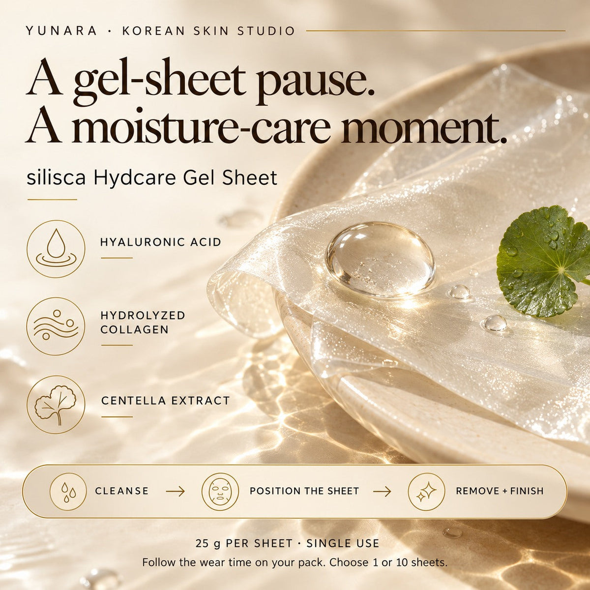 silisca Hydcare guide: hyaluronic acid, hydrolyzed collagen, centella and a single-use 25 g gel-sheet routine.