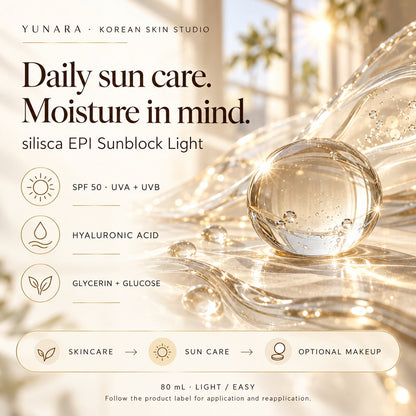 silisca EPI Sunblock Light guide: SPF 50 UVA and UVB protection, moisture-focused ingredients and morning routine.