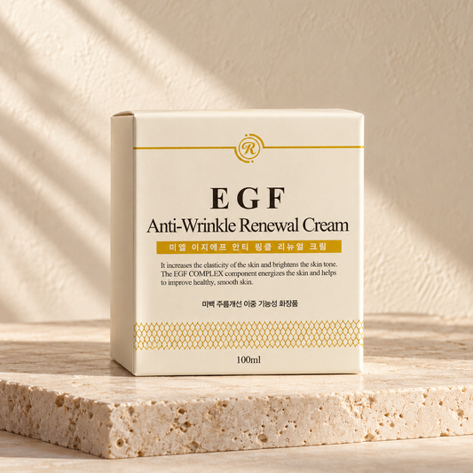 AI-styled presentation of MIEL EGF Anti-Wrinkle Renewal Cream 100 mL on a warm cream background