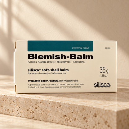 AI-styled presentation of silisca Soft-shell Balm 35 g on a warm cream background