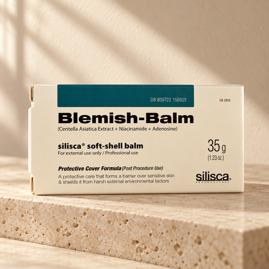 AI-styled presentation of silisca Soft-shell Balm 35 g on a warm cream background