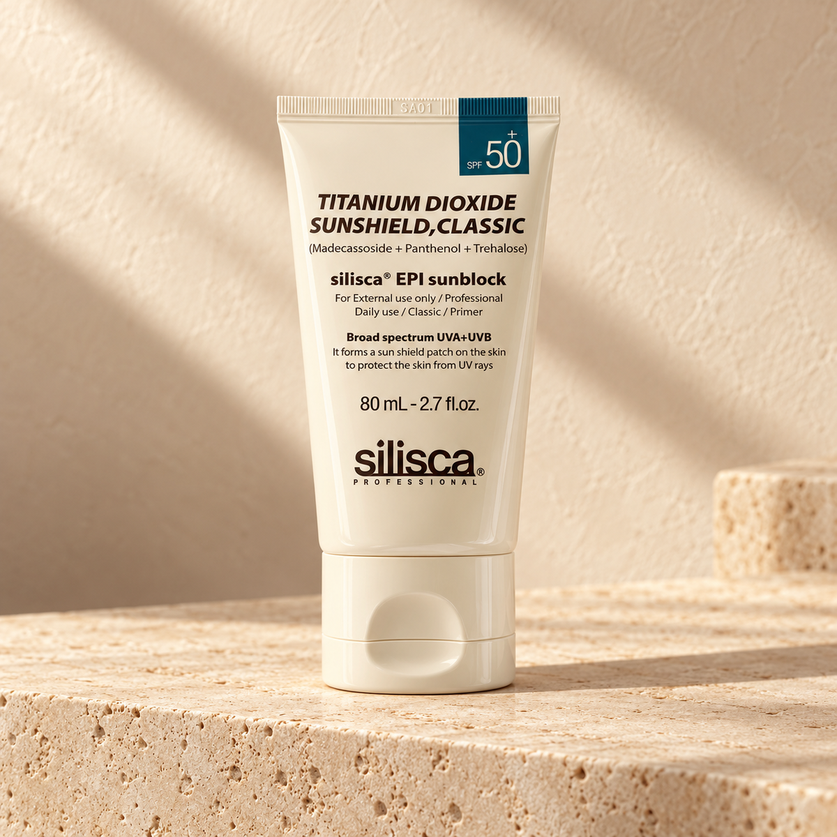 AI-styled presentation of silisca EPI Sunblock Classic 80 mL on a warm cream background