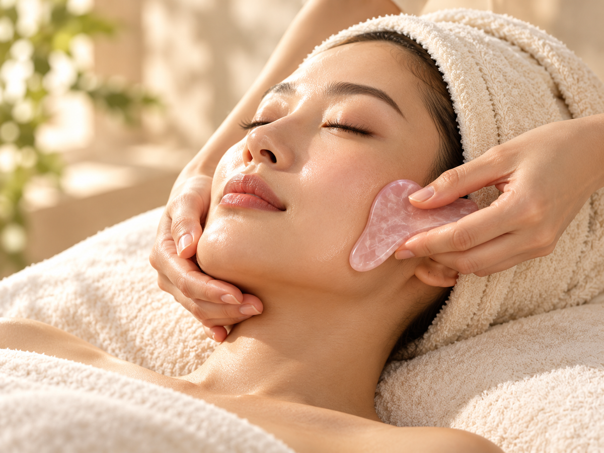 Illustrative Korean facial massage with a rose-pink gua sha tool and cream towels.